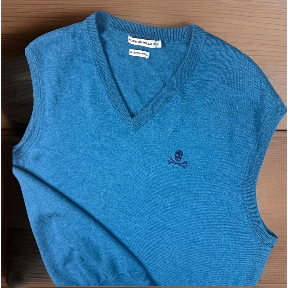 Peter Millar Golf Sweater Vest Mens‎ M Teal Merino Wool Skull Crossbones V-Neck